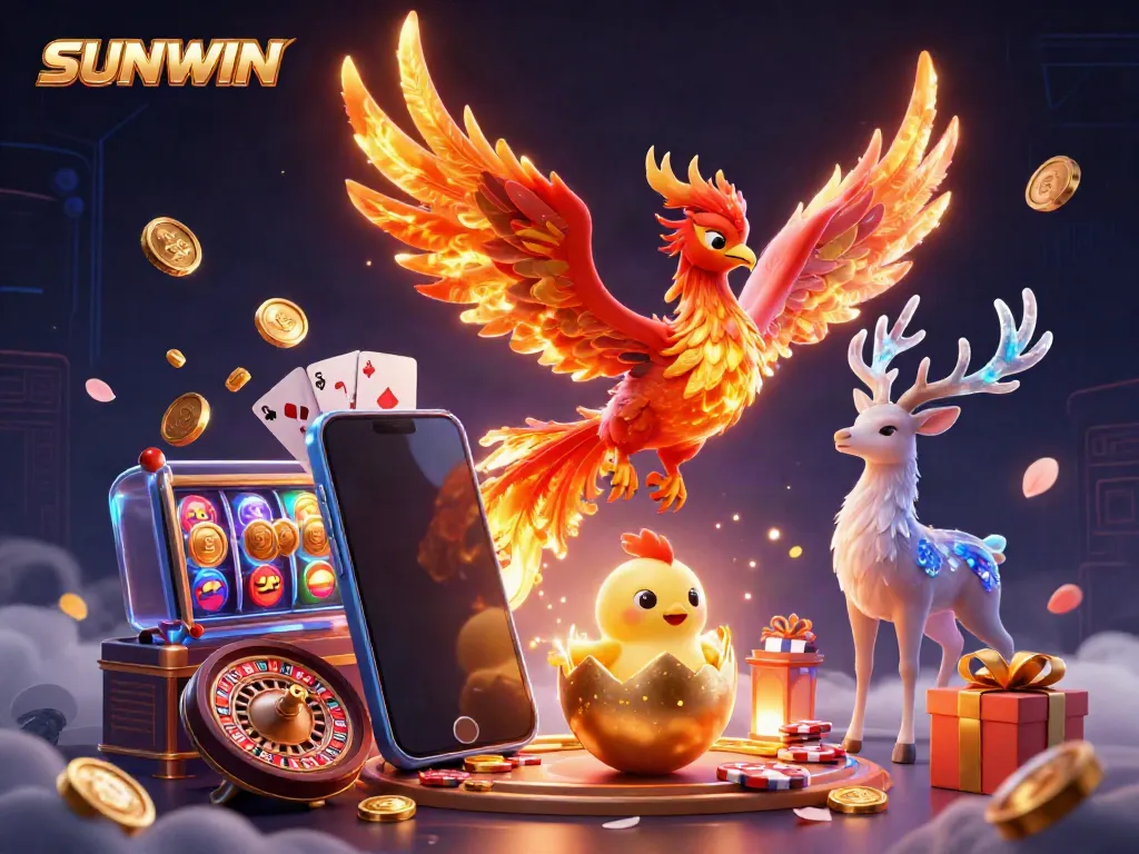 SUNWIN captivating gaming scene with a phoenix, baby phoenix, and stag amidst slot games and gold coins.