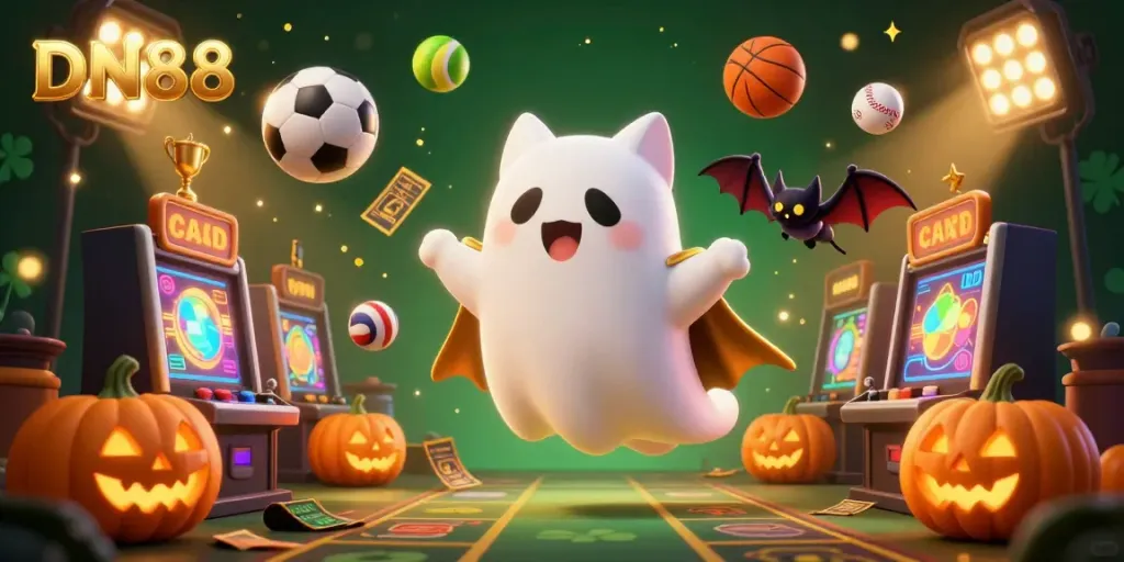 Engage with the dynamic world of DN88 as a ghost cat and bat navigate a haunted casino filled with glowing game elements.