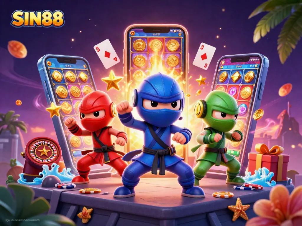 SIN88 ninjas performing martial arts with casino elements like slots and poker chips dynamically integrated.
