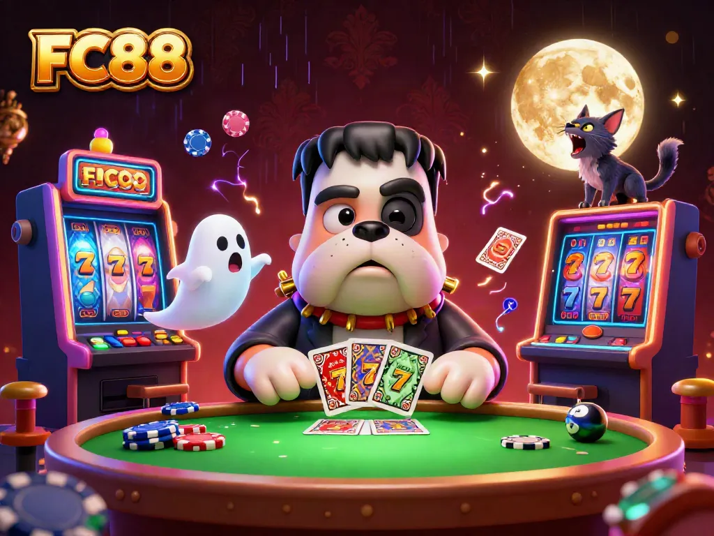 FC88 showcases a lively casino scene with a Frankenstein bulldog dealing cards at a vibrant gaming table.