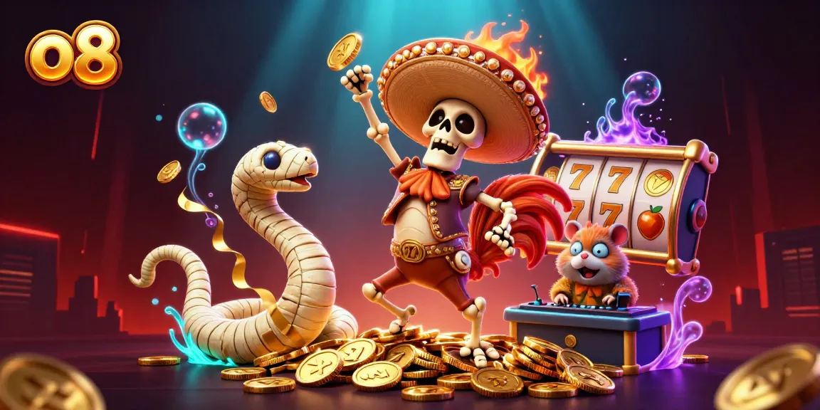 Experience the thrill at o8 with vibrant 3D casino characters celebrating jackpot wins among slot reels.