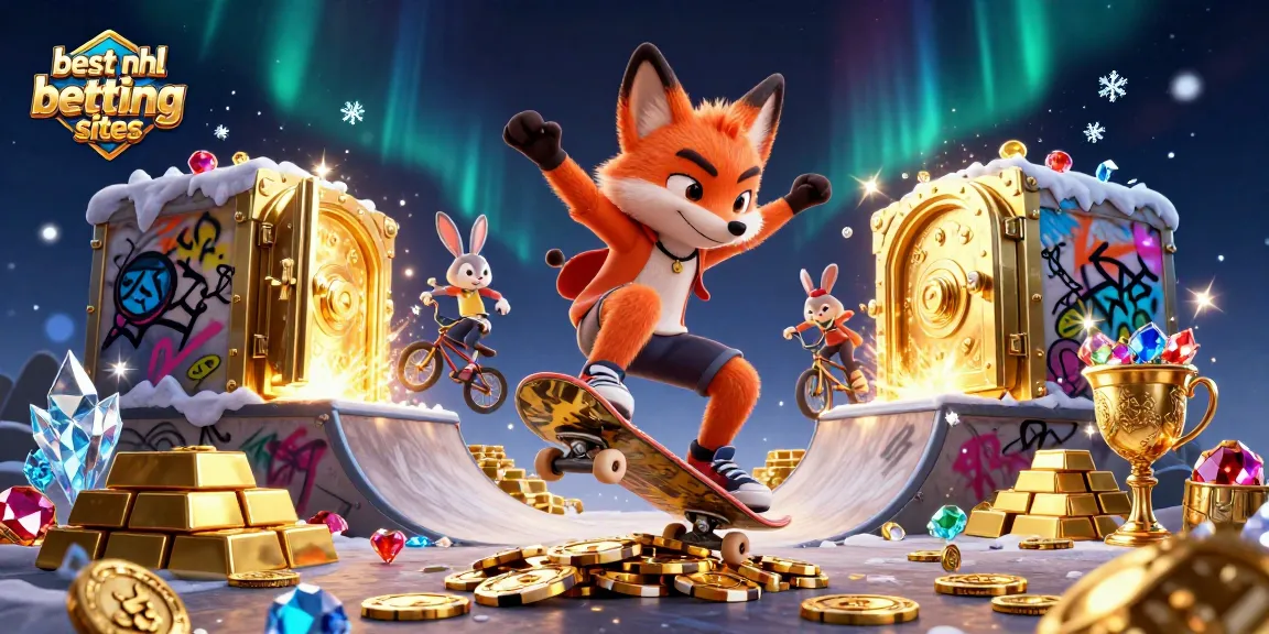 Experience the best NHL betting sites with a dynamic 3D scene featuring a skateboarder fox and BMX rabbit.