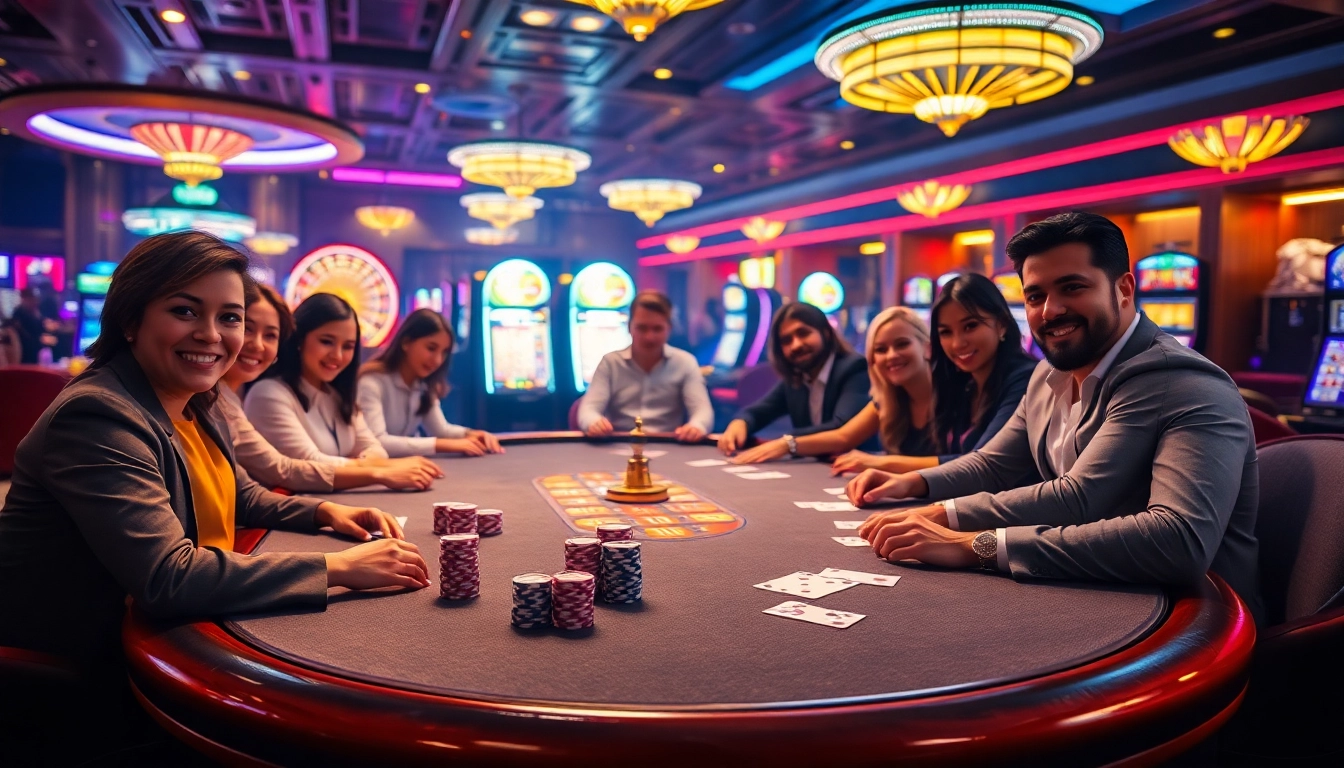 Players enjoying a thrilling poker game at https://sky88.tel/, showcasing camaraderie and excitement in a luxurious casino setting.