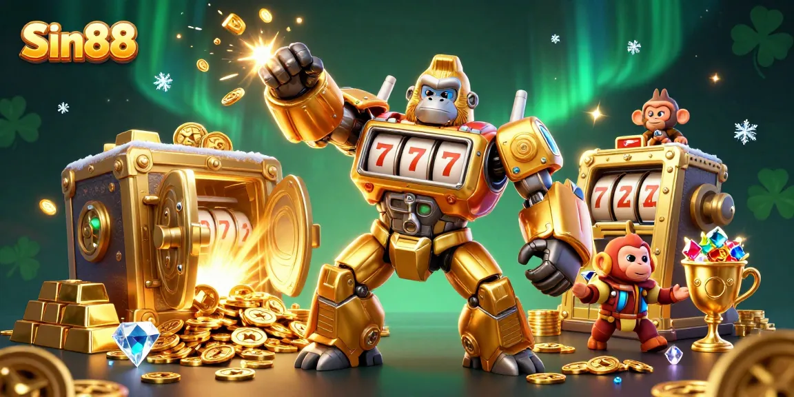 Experience the thrill of Sin88 with a golden gorilla mech and treasures bursting from a vault.