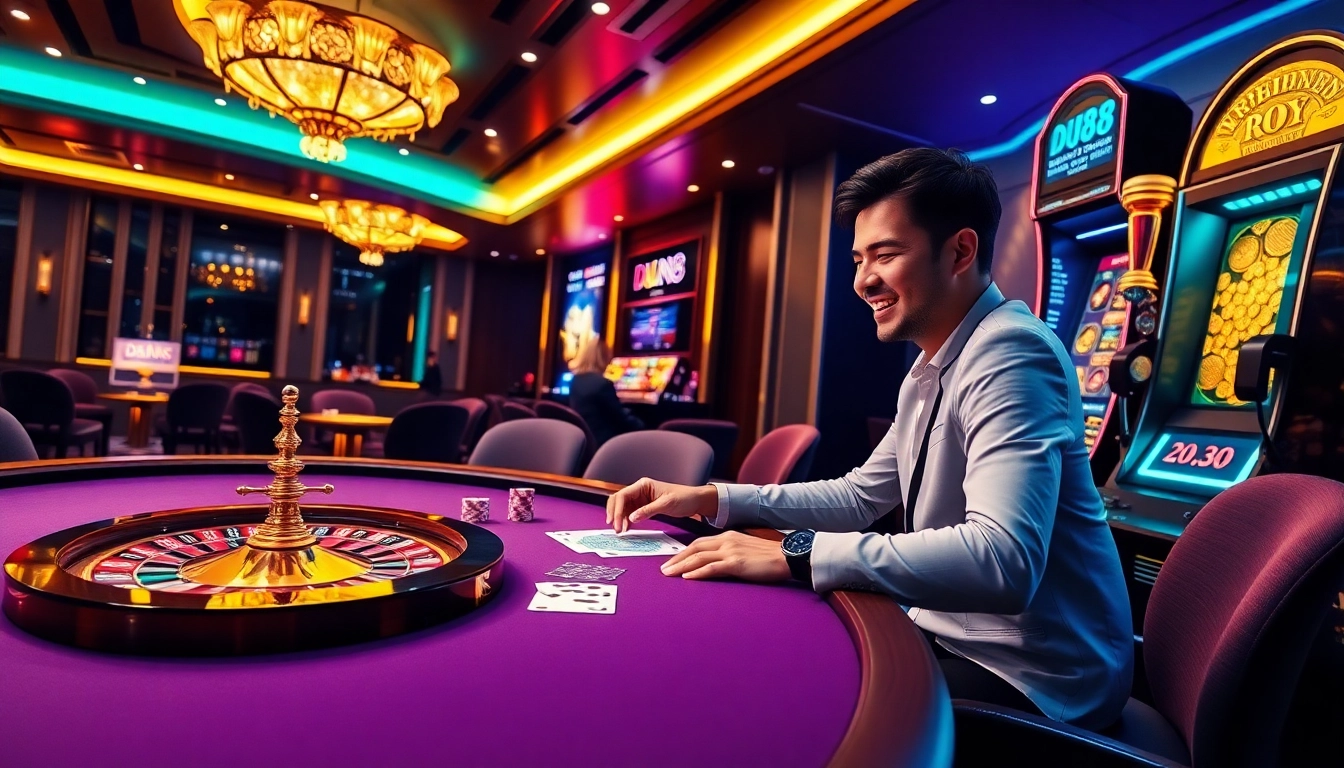 Engage with DU88's vibrant casino scene showcasing poker chips, cards, and an online roulette wheel.