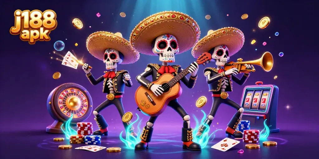 Play and win with the vibrant j188 apk, featuring skeleton musicians and casino elements.