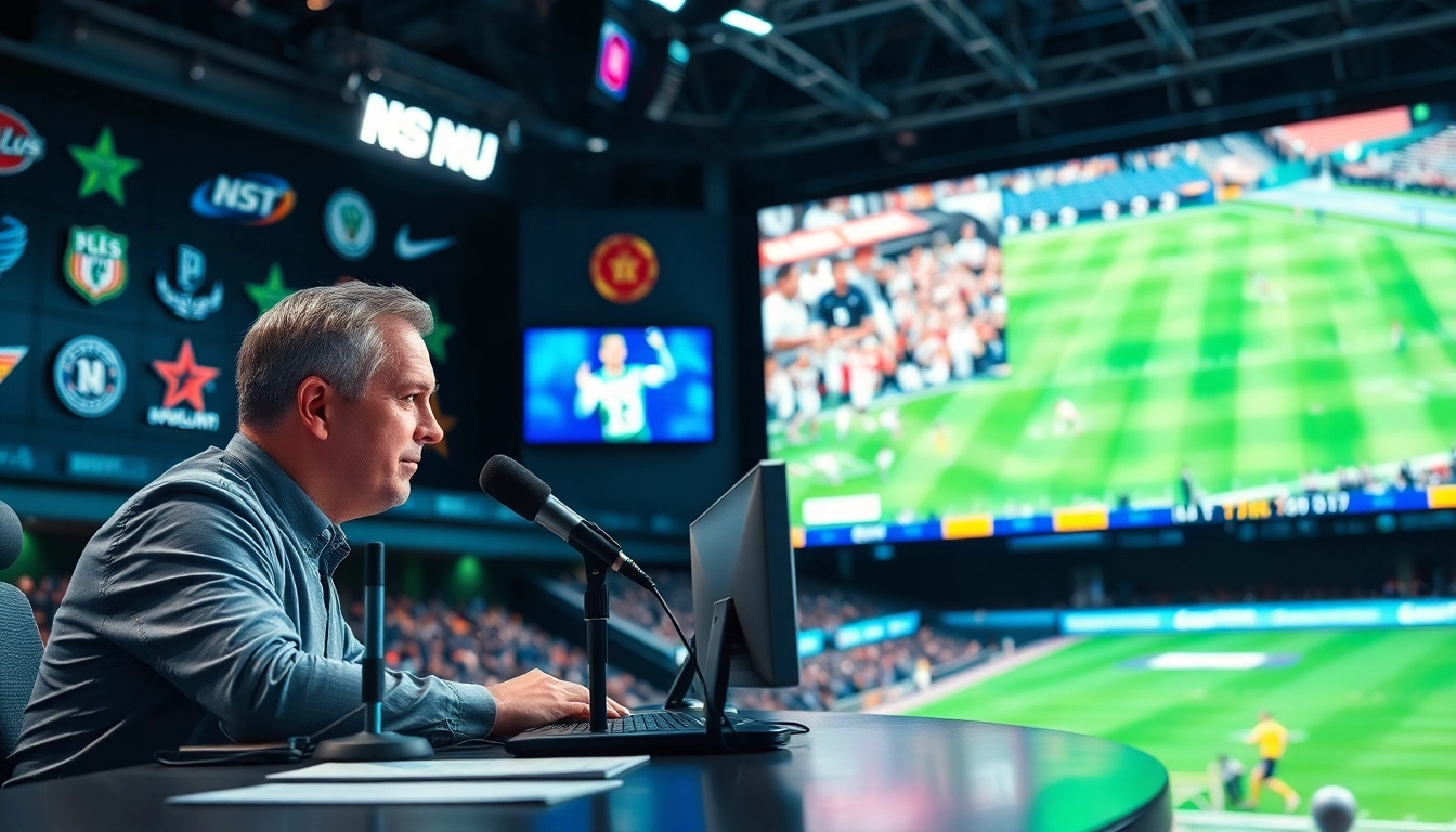 Engaging sports broadcasting scene with announcer at desk, capturing live sports action.