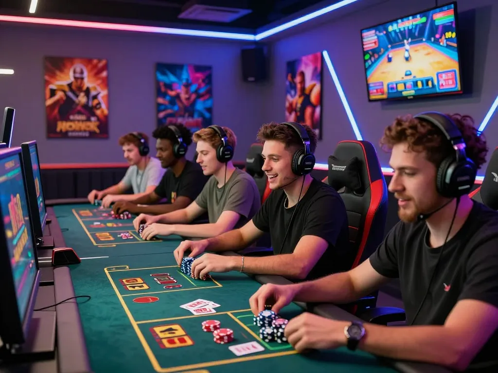 79KING gamers immersed in high-stakes online casino action in a vibrant gaming lounge