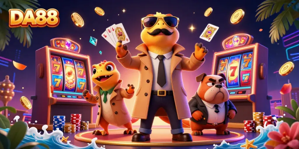 Experience the excitement of DA88 in this vibrant casino scene with animated slot reels and playful characters.