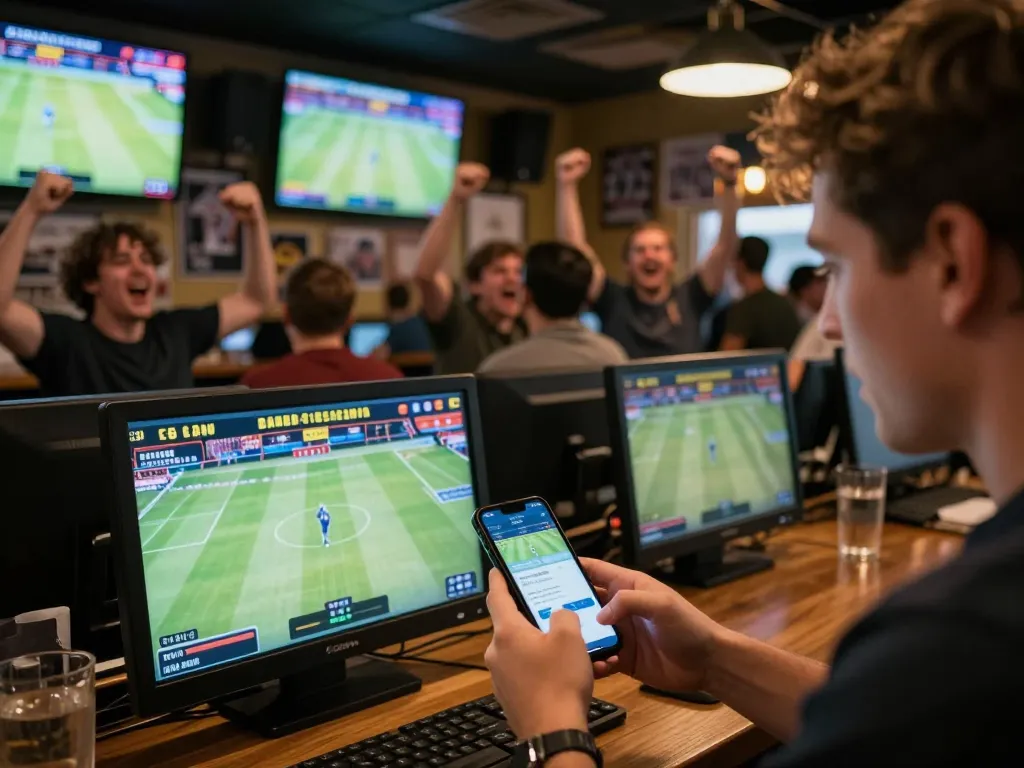 UU88 sports betting excitement with enthusiastic fans cheering and engaging on smartphone.