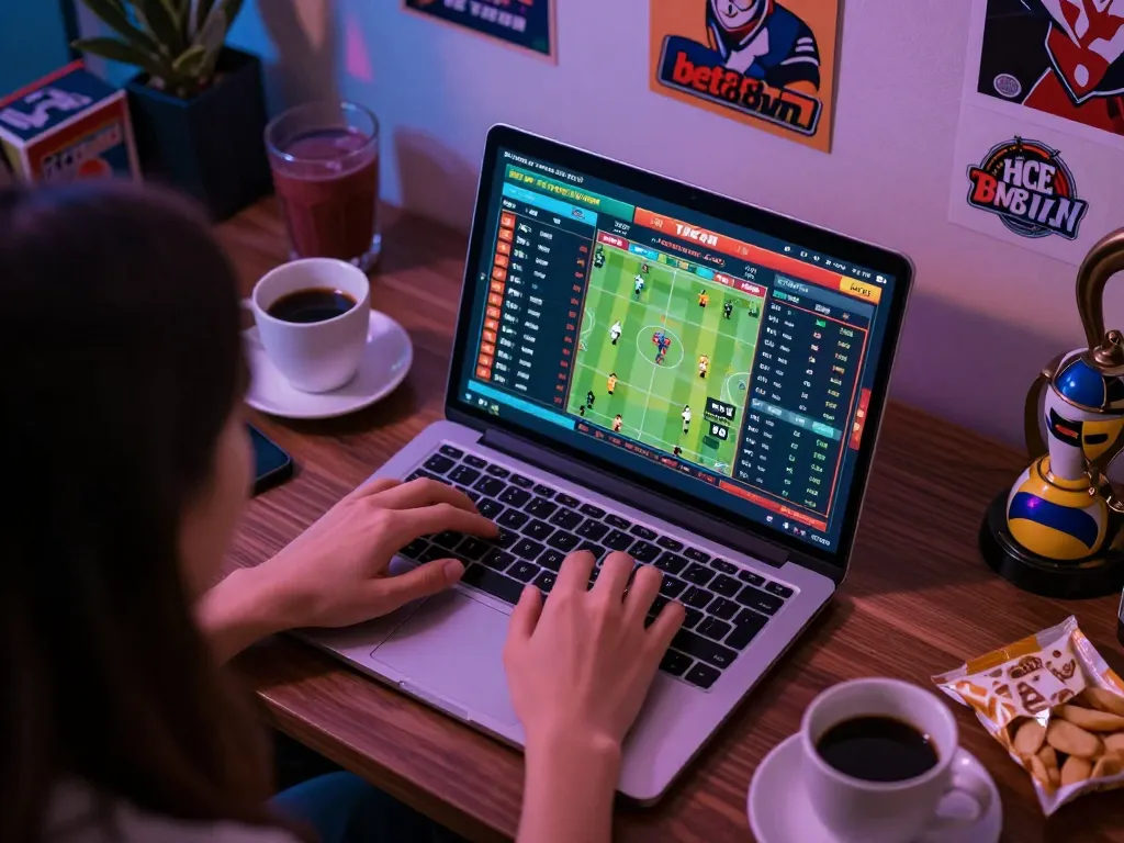 Bet88vn user actively engaging in live sports betting, analyzing match statistics on laptop, vibrant home atmosphere