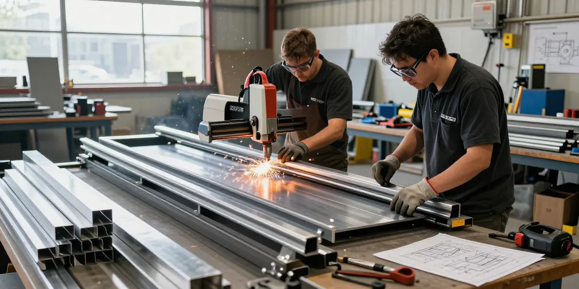 Metal fabrication west vancouver scene with professionals crafting custom railings in a dynamic workshop setting.