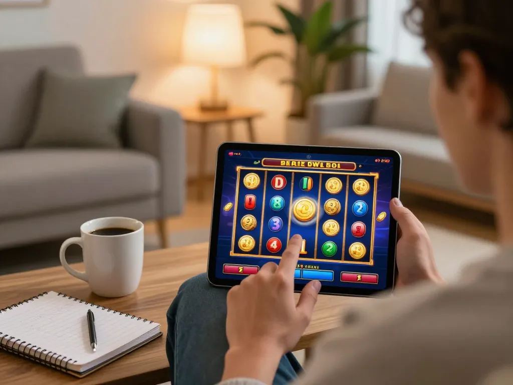 Player enjoying okfunb slot game on a tablet in a cozy living room setting.