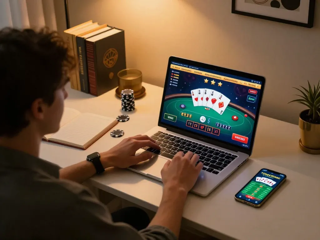 Engaging in online casino gaming on 23Win with a tablet and organized desk setup.