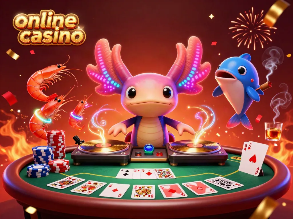 An axolotl DJ brings life to an online casino scene, spinning records surrounded by shrimp dancers and poker elements.