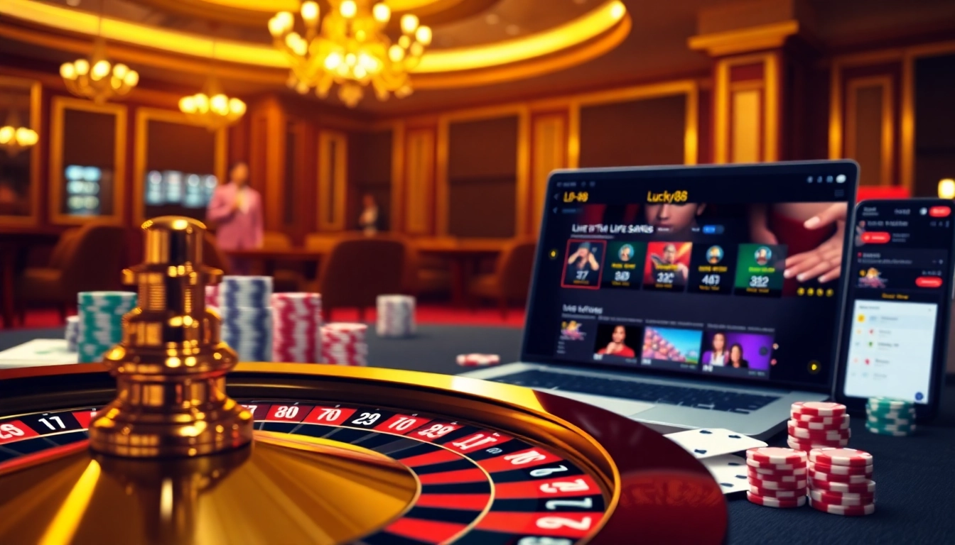 Engaged players enjoying a vibrant online casino experience at Lucky88 with cards and chips.