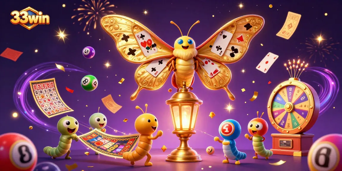33win brings thrilling lottery excitement with playful characters amidst colorful games and golden elements.