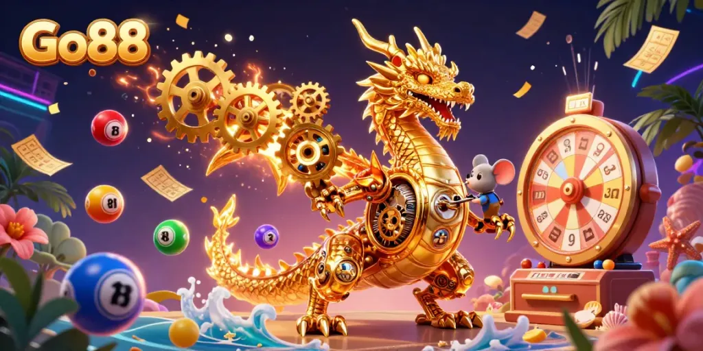 Engage with Go88's dynamic lottery action featuring a golden dragon and colorful gambling elements.