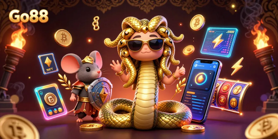 Experience the excitement of Go88 with Medusa and a stone-shield mouse in a vibrant casino scene.