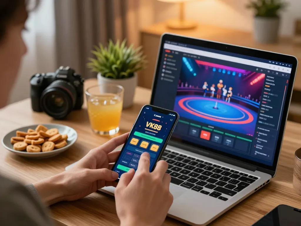 Person placing bets on VK88 sports betting app in a cozy home environment