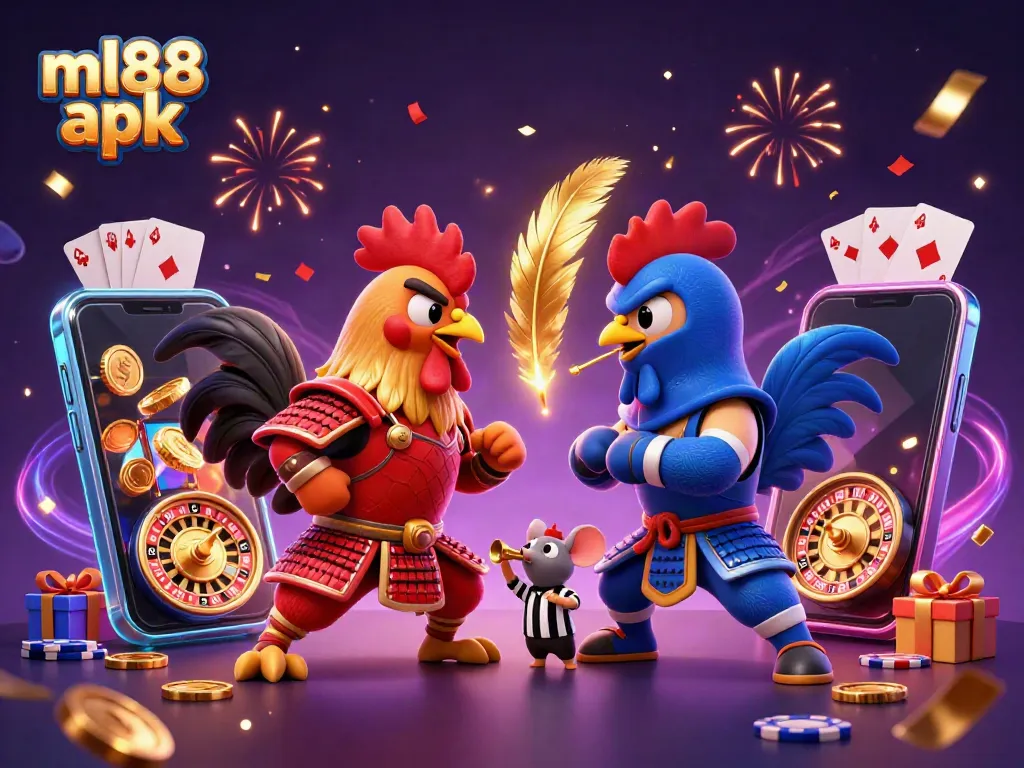 Engage in the excitement of ml88 apk with energetic cartoon rooster fighters and casino elements