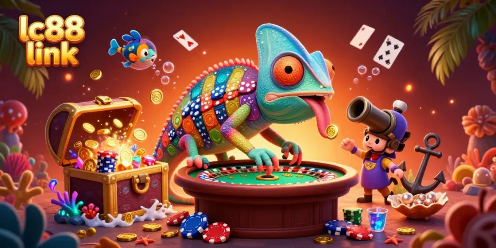 Experience the thrill of lc88 link with a chameleon casino owner in a vibrant underwater scene