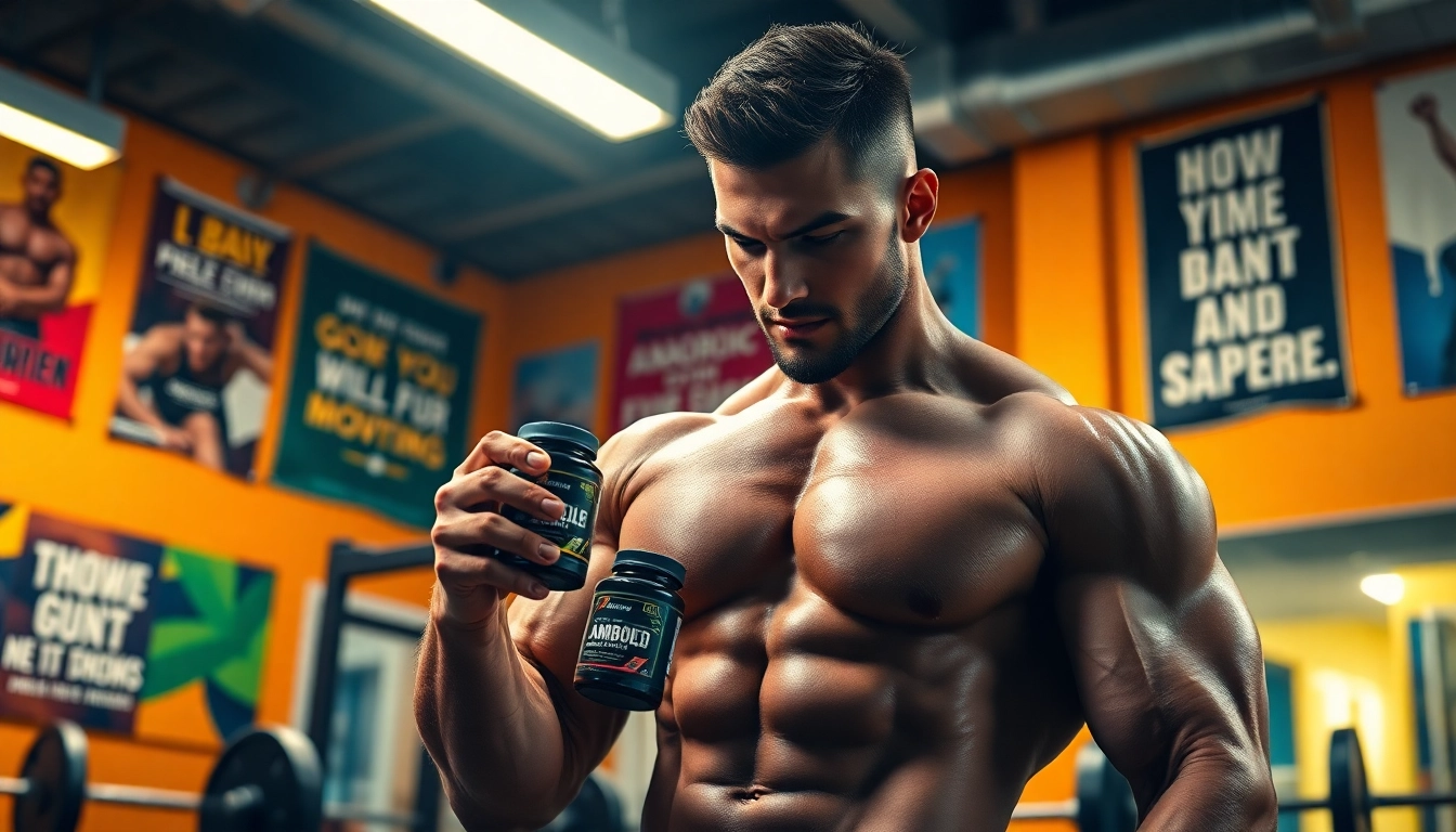 Bodybuilder showcasing Canadian anabolics in a vibrant gym setting, emphasizing strength.