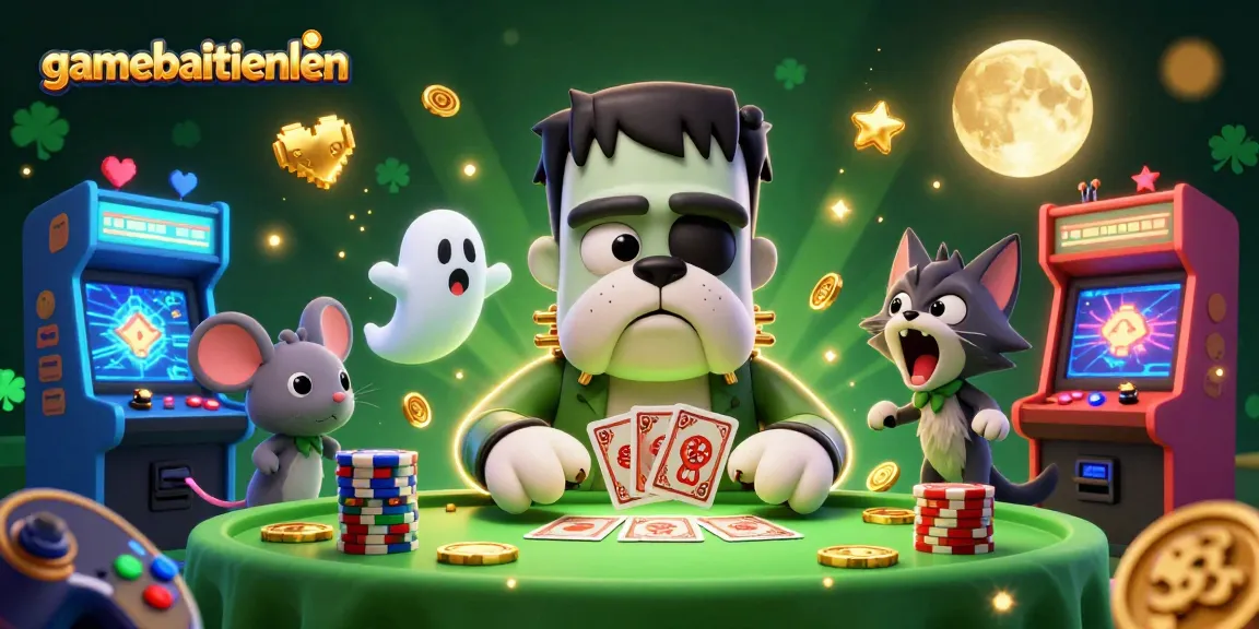 Engage with gamebaitienlen as a cartoon bulldog monster deals cards at a haunted casino table.