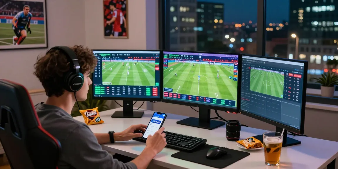 Penggemar taruhan sbobet88 online yang antusias sedang melakukan taruhan di ruang kerja modern.