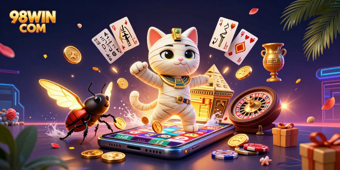 Play exciting games like slots at 98WIN COM with a vibrant scene of action and entertainment.
