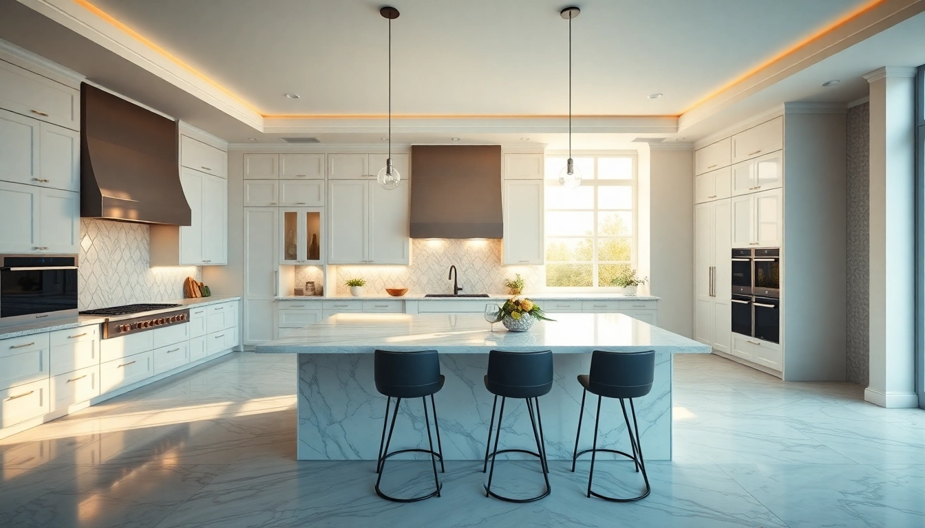 Stunning luxury kitchen design with marble countertops and sleek cabinets, showcasing elegance.