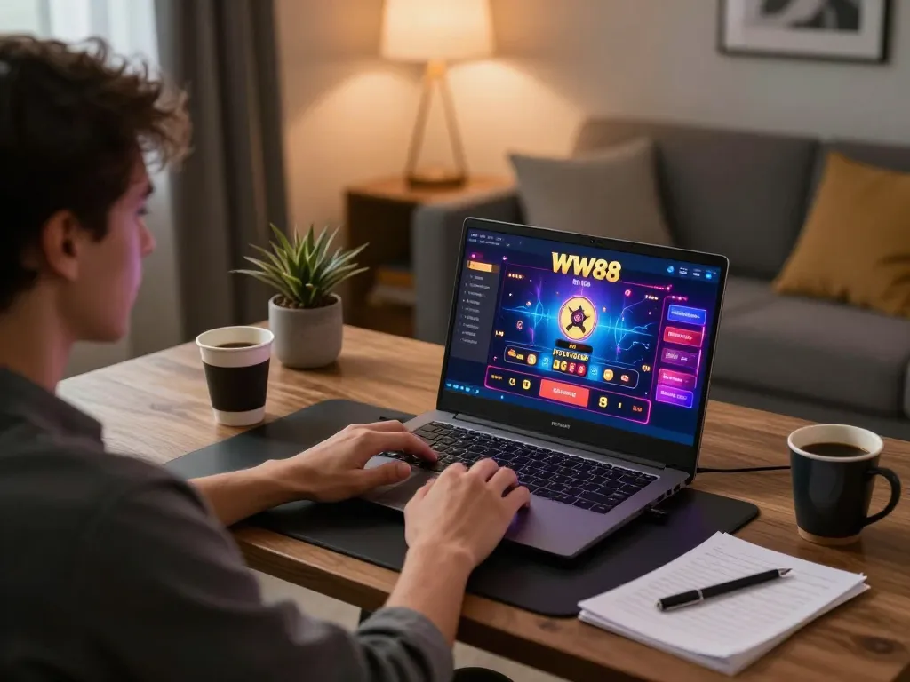 Playing a live WW88 casino game on a laptop in a cozy home setup, showcasing modern online gambling