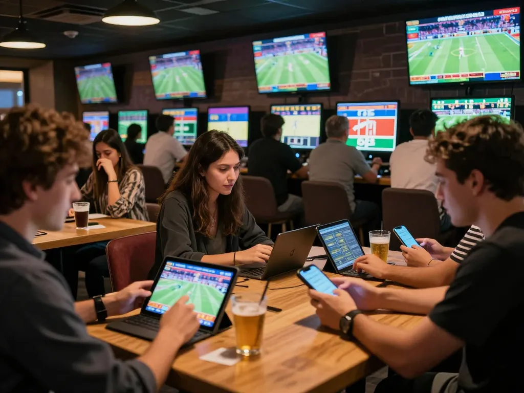 A group enjoying the excitement of sports betting at 789bet's vibrant lounge, engaging with multiple screens.