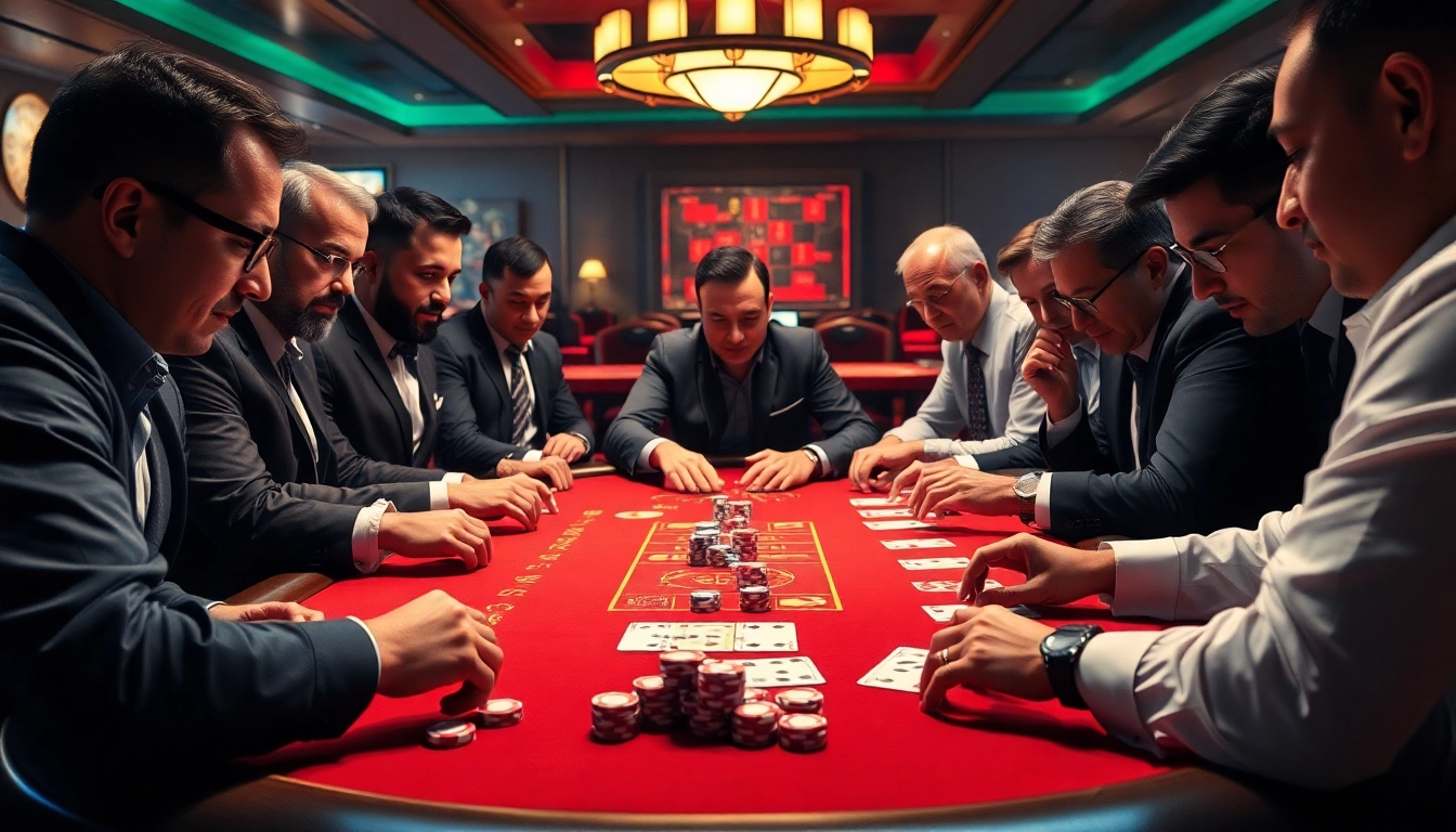 Action-packed scene illustrating gamblers engaged in Nhận định kèo nhà cái at a luxurious casino table.