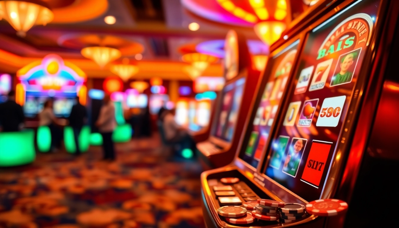 Slot gacor dengan lampu berkilau dan suasana kasino yang hidup.