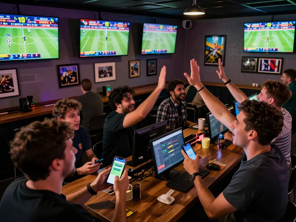 Fans celebrating sports wins while using nhà cái rr88 app for live betting at a vibrant sports bar