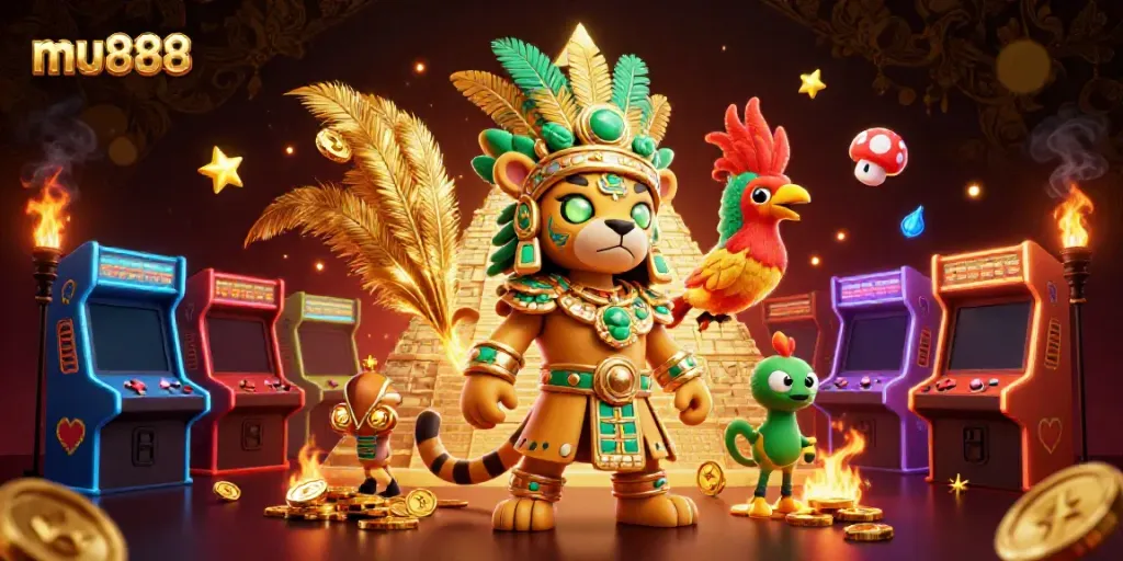 Experience the thrill of mu888 with a detailed 3D illustration showcasing vibrant casino gaming elements.