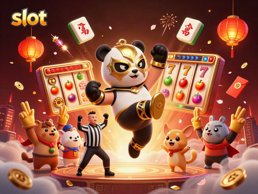 Witness the excitement of slot gaming with a heroic panda wrestler and cheering animal fans in vibrant detail.