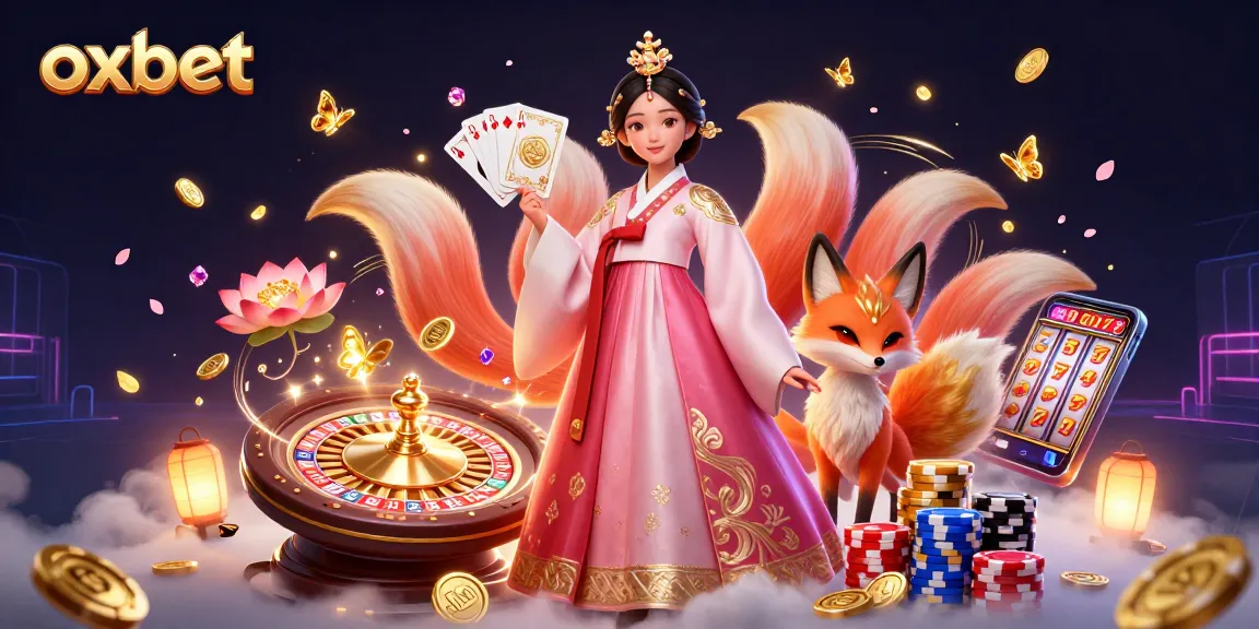 Experience the vibrant gaming world with OXBET, featuring a graceful woman in traditional attire and lucky symbols.