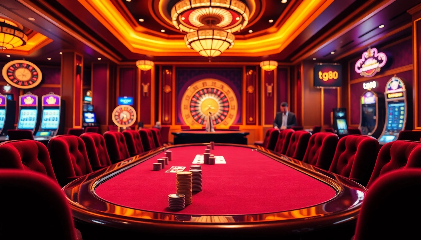 Exciting gambling scene at tg88 casino with vibrant poker table and roulette wheel.