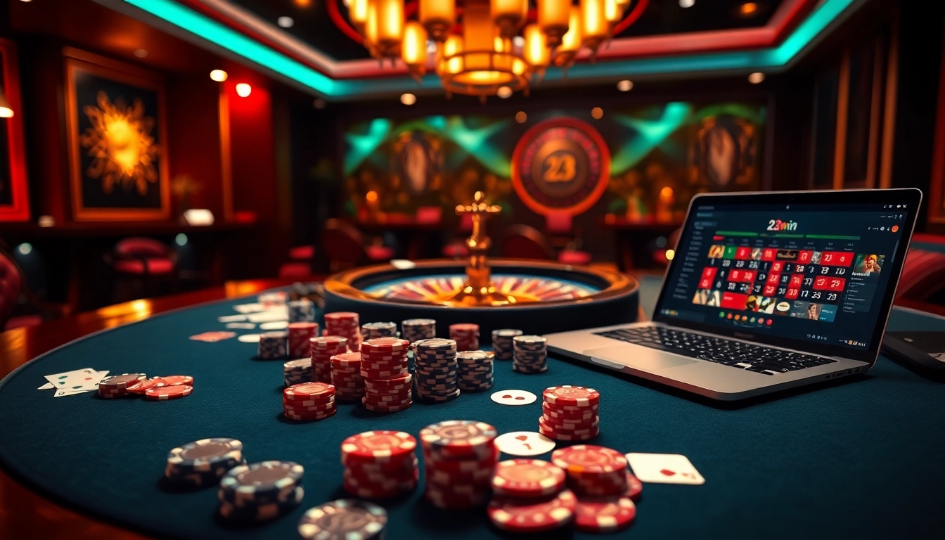 Experience the excitement of 23win casino action with poker chips and a spinning roulette wheel.