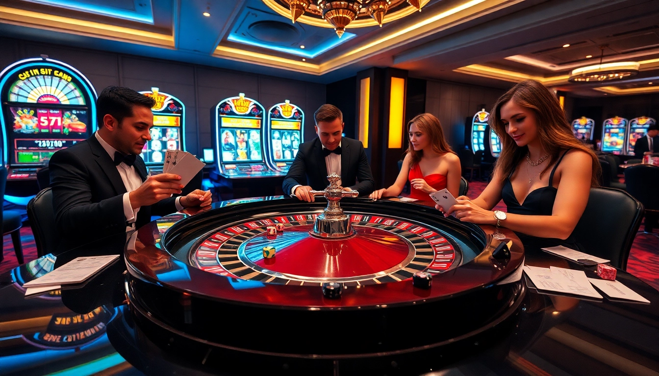 Experience thrilling gameplay at https://88vn.cn.com/ with players at a roulette table and vibrant slot machines.