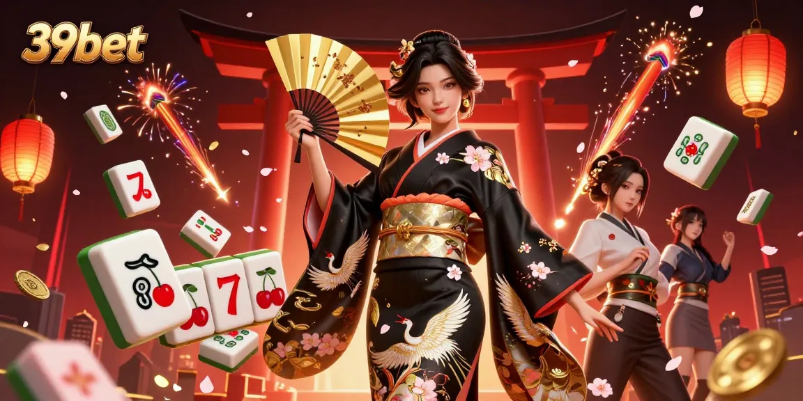 Engage with 39bet's vibrant casino scene featuring a graceful woman in a traditional kimono surrounded by gaming elements.