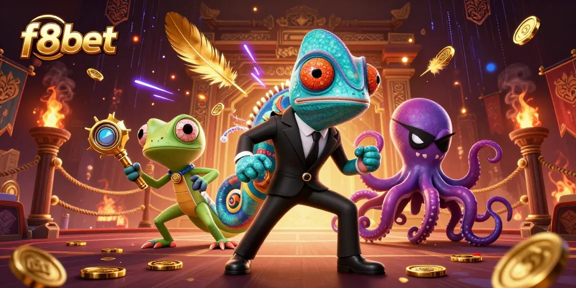 Engage with f8bet's vibrant casino atmosphere through a dynamic illustration featuring chameleons, gadgets, and more.