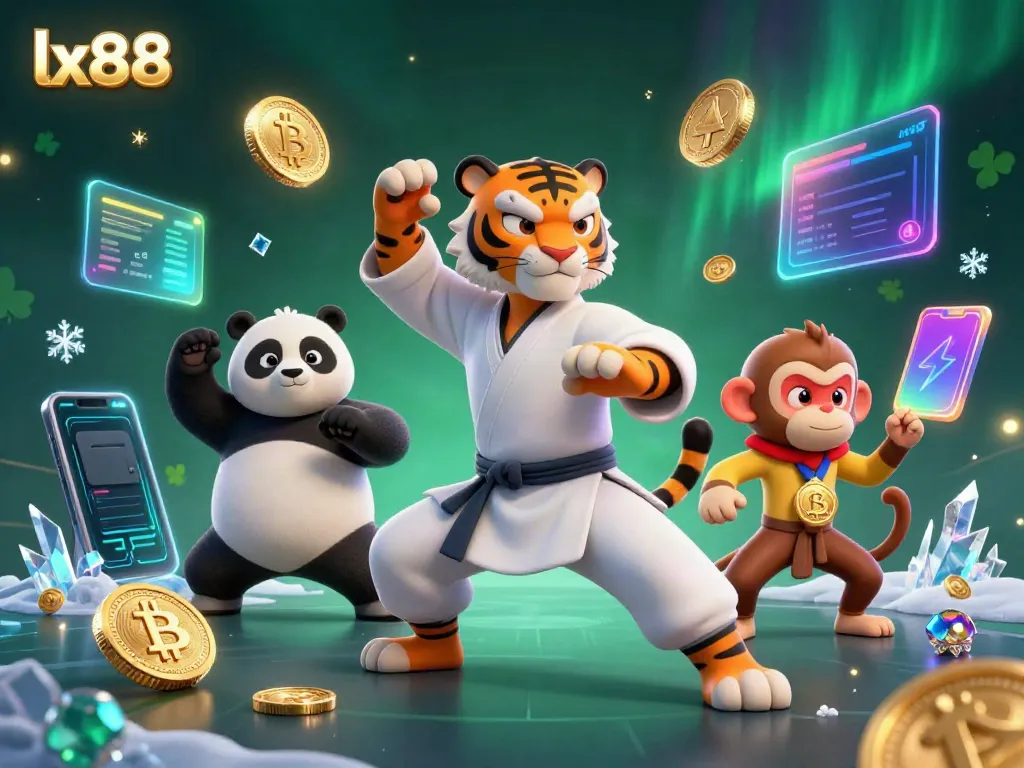 Engage with lx88 in a vibrant 3D casino world featuring a kung fu tiger master, panda disciple, and a mischievous monkey amidst cryptocurrency elements.