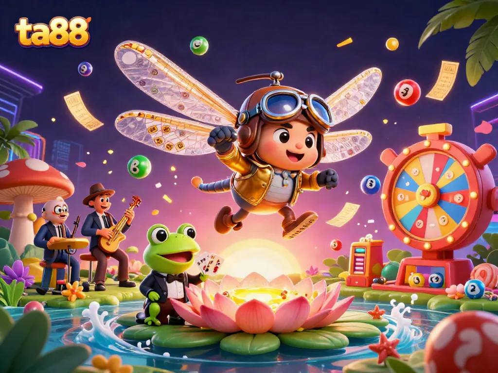 Experience thrilling activities at ta88 with a vibrant scene of casino excitement featuring a dragonfly pilot and frog croupier.