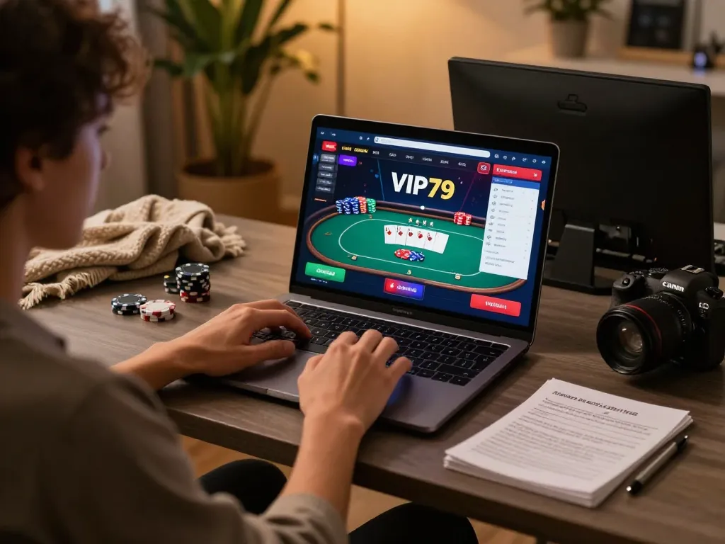 Engaging scene of a player using vip79 casino app on a laptop at home to manage their betting strategies.