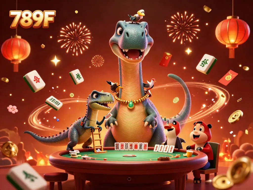 Experience big wins at 789F with a vibrant casino scene featuring a dino dealer and festive game elements.