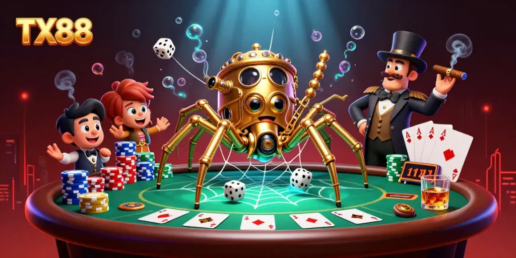 Engage with TX88 as a steampunk spider weaves a golden web in this vibrant casino scene.