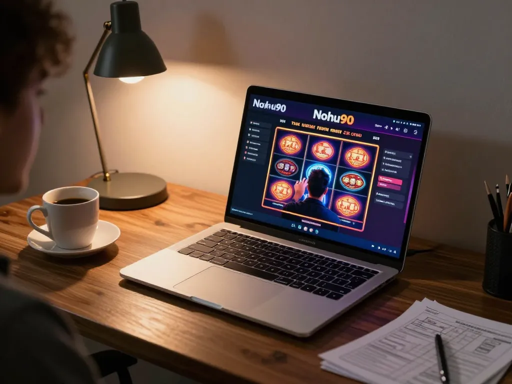 Nohu90 player engaging in online gambling experience on laptop in a cozy environment.